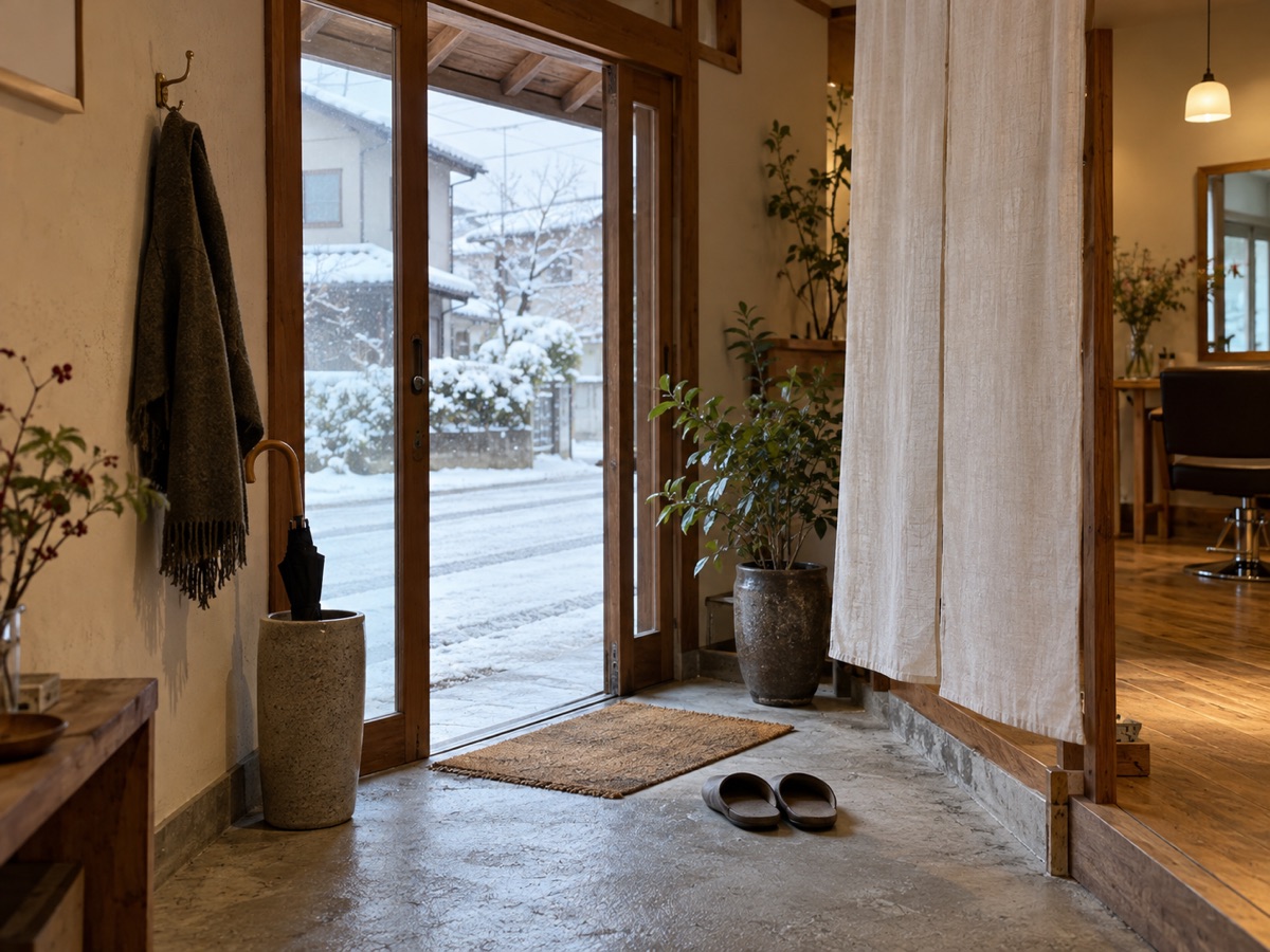 雪の見える入口と、のれんのかかったサロンの玄関