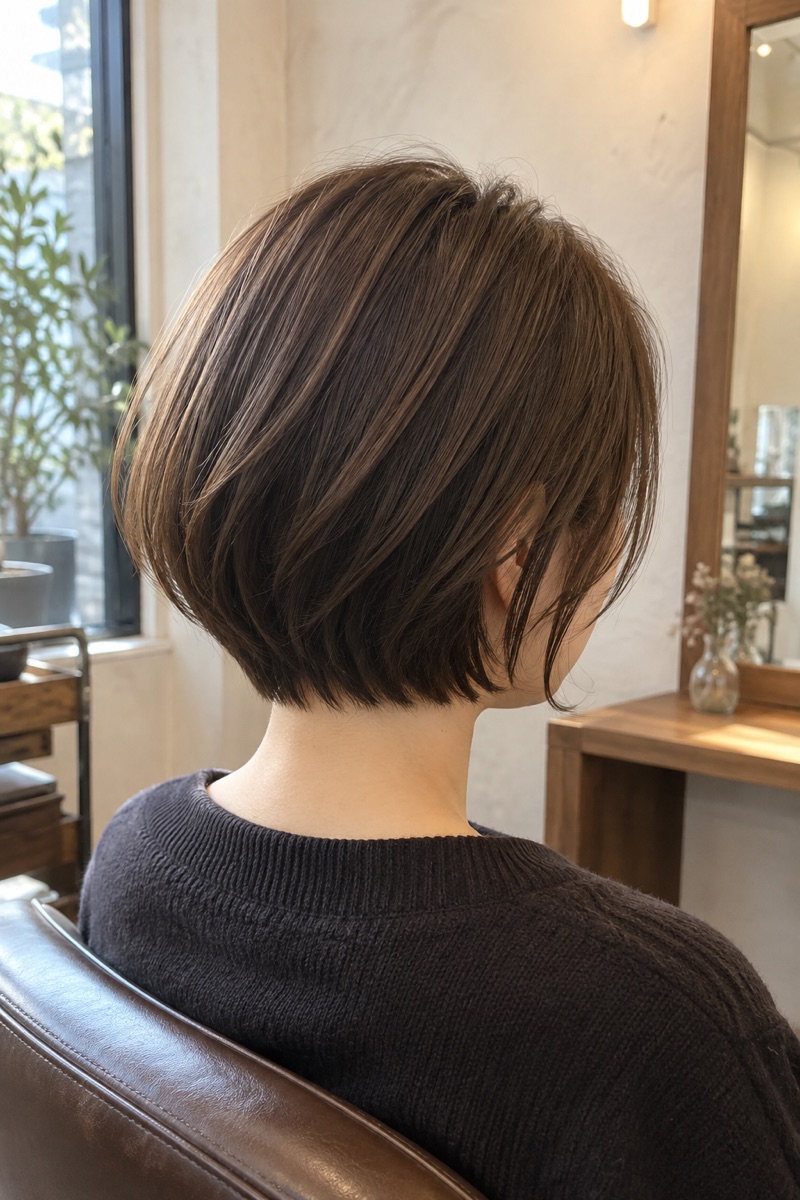 あごの長さで内側にまとまる、つやのあるボブ